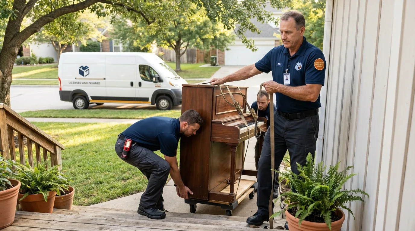 Licensed piano movers securing grand piano in Pinellas Park, FL