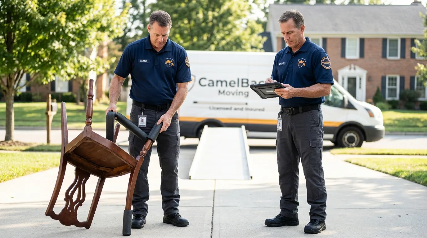 Movers inspecting furniture for damage prevention before loading in Pinellas Park, FL